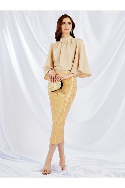 Styli Solid High Neck Top and Sequin Embellished Skirt Co-Ords
