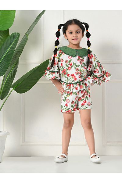 Bella Moda By Styli Printed Ruffled Hem Round Neck Top and Shorts Set