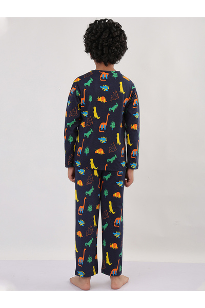 Anthrilo By Styli Boys Navy Blue All-Over Dinosaur Print Long Sleeve T-Shirt and Pyjama Set