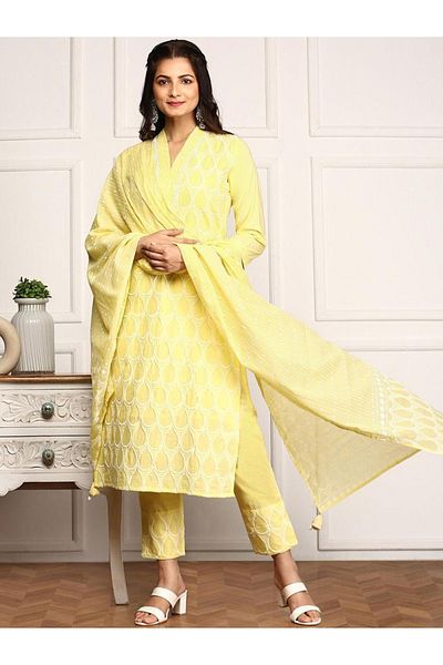 Ishin By Styli Embroidered Cotton Kurta with Trousers and Dupatta Set