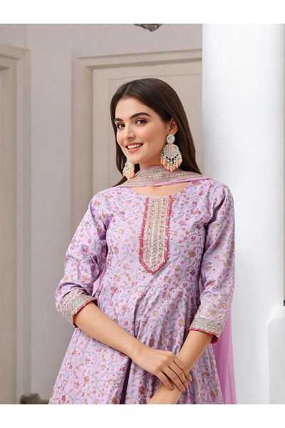 Ishin By Styli Floral Print Cotton Kurta with Trousers and Dupatta Set
