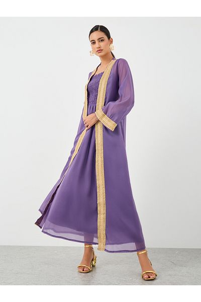 Keenly By Styli Lace Trim Open Front Kimono with Smocking Detail Dress Set