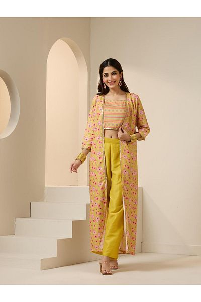 Ishin By Styli Printed Crop Top and Jacket with Trousers Set