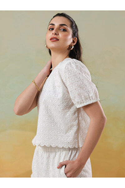 Sanskrutihomes By Styli Schiffli One-Shoulder Neck Top and Shorts Co-Ords