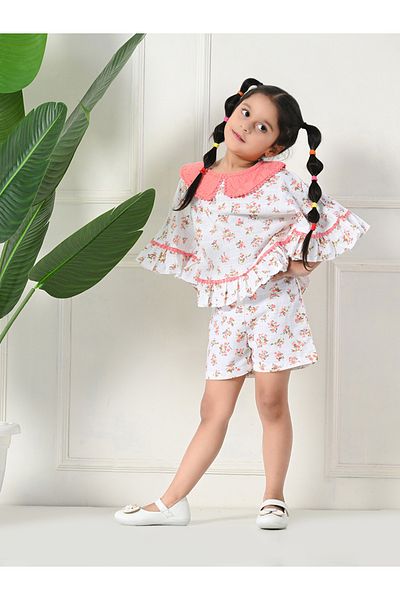 Bella Moda By Styli Printed Ruffled Hem Round Neck Top and Shorts Set