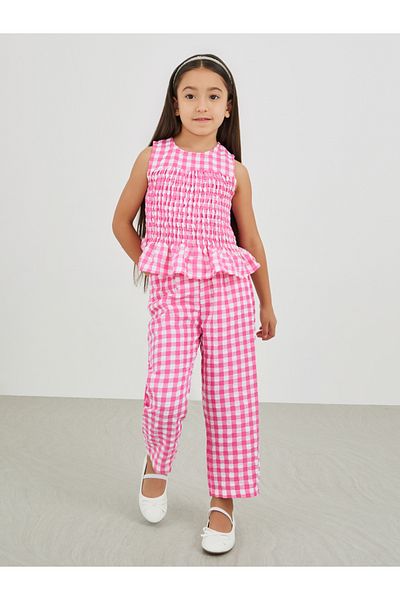 Styli Gingham Print Smocked Detail Top and Trousers Set