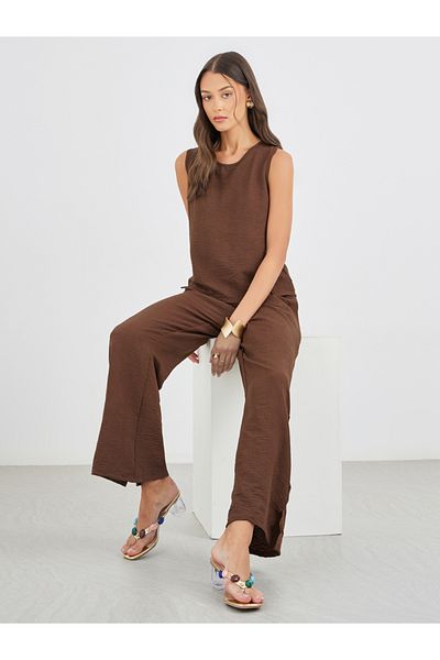 Styli Solid Sleeveless Top and Wide Leg Pants Co-Ords