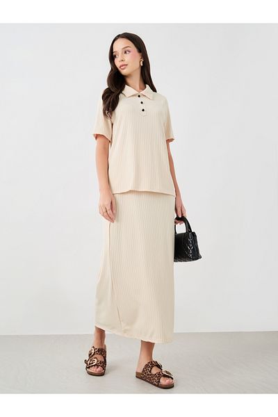 Styli Ribbed Contrast Button Detail Polo T-Shirt and Skirt Co-Ords
