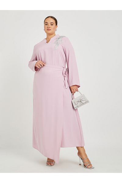 Styli Plus Size Solid Collared Wrap Look Jalabiya with Lace Patch Detail