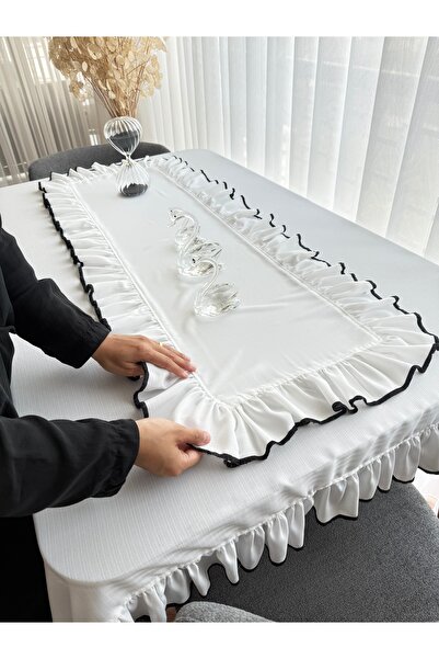 ARS DT Biyeli Görünümlü Fırfırlı Beyaz Keten RUNNER Şık Dekoratif 40X80CM