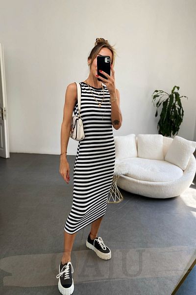 Qaju Women's Viscose Fabric Striped Fit Dress Black White