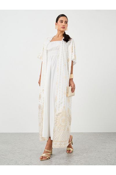 Keenly By Styli Floral Print Open Front Kimono with Midi Dress Set