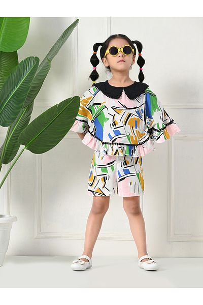 Bella Moda By Styli Printed Ruffled Hem Round Neck Top and Shorts Set