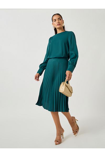 Styli Plain Volume Sleeves Top and Pleated Skirt Co-Ords