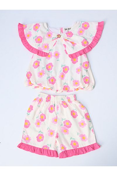 Bella Moda By Styli Printed Ruffled Detail Sleeveless Top and Shorts Set