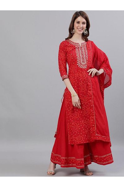 Ishin By Styli Embroidered Notch Neck Kurta with Skirt and Dupatta Set