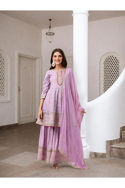 Ishin By Styli Floral Print Cotton Kurta with Trousers and Dupatta Set