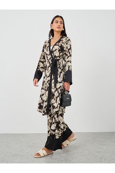 Keenly By Styli Floral Print Tie Waist Kimono with Wide Leg Pants Set