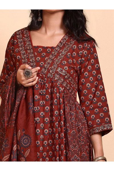 Ishin By Styli Floral Print Cotton Kurta with Trousers and Dupatta Set