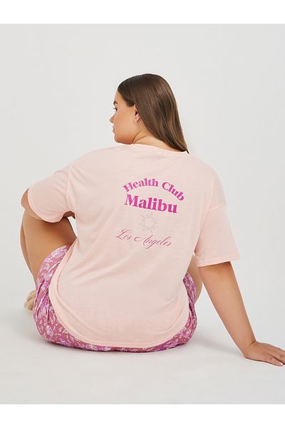 Styli Plus Size Back Graphic Print T-Shirt and All-Over Fruit Print Shorts Set