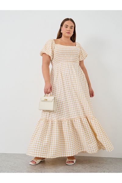 Styli Plus Size Gingham Print Puff Sleeves A-Line Maxi Dress