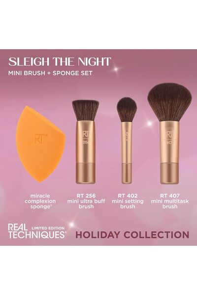 Real Techniques Sleigh The Night Mini Brush + Sponge Set 4 Piece For Liquid, Creams and Powder