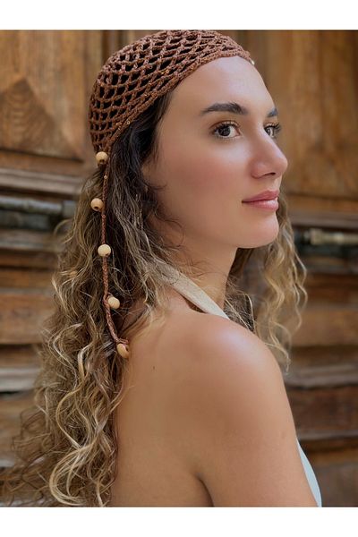 qemareh bag Brown Sequin Knitted Crochet Hairnet Bead Detailed Bohemian Bandana