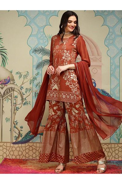 Ishin By Styli Printed Round Neck Kurta and Trousers with Dupatta Set