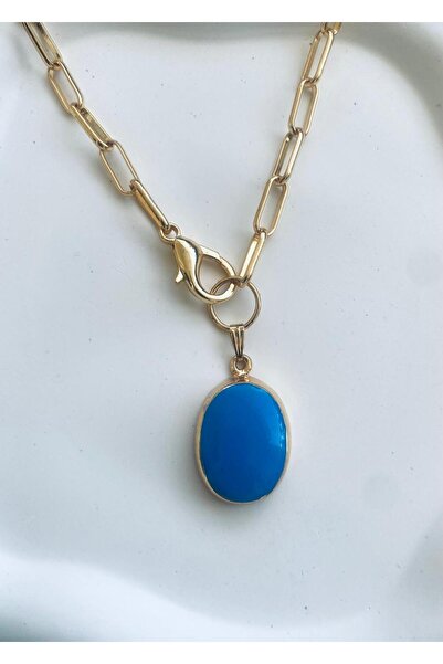 KANERUZ Blue Oval Necklace with Gold Thick Chain Detail