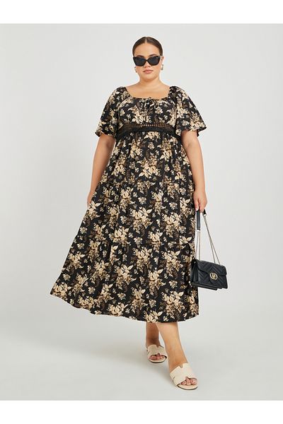 Styli Plus Size Printed Lace Detail A-Line Maxi Dress