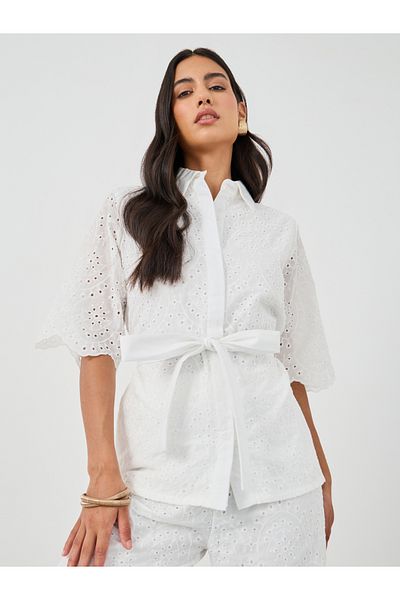 Styli Schiffli Belted Shirt and Flared Pants Co-Ords