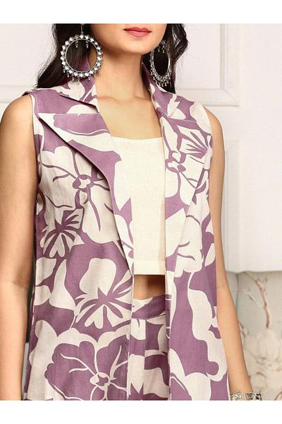 Ishin By Styli Women Purple Floral Print Sleeveless Open Front Top and Pants Co-Ords