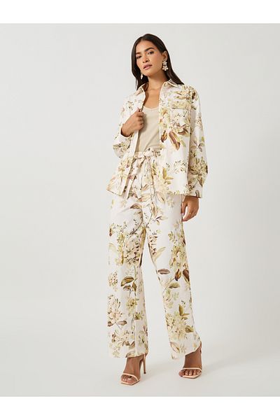 Styli Printed Long Sleeve Shirt with Wide Leg Pants Co-Ords