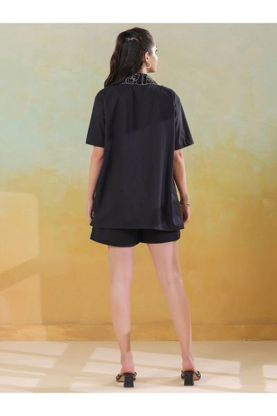 Sanskrutihomes By Styli Solid Short Sleeves Cotton Shirt with Shorts Set