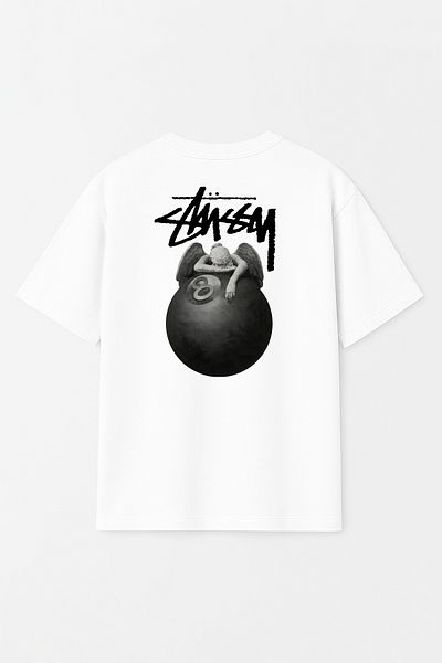 THE RULE Tricou unisex Stüssy Angel cu minge de biliard imprimat oversize 100% bumbac cu decolteu lat RF0530