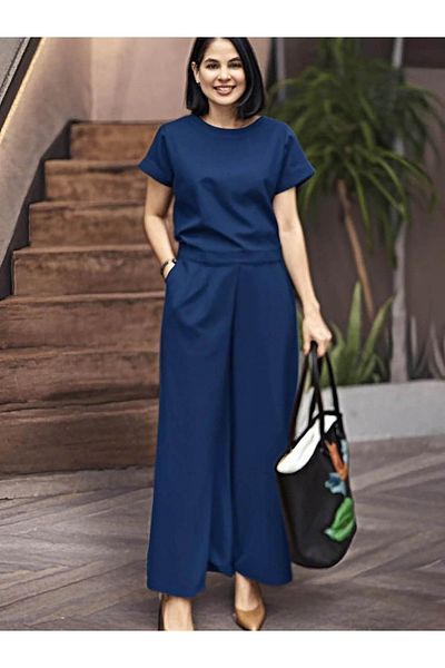 Take Two By Styli Solid Short Sleeve Top and Wide Leg Pants Co-Ords