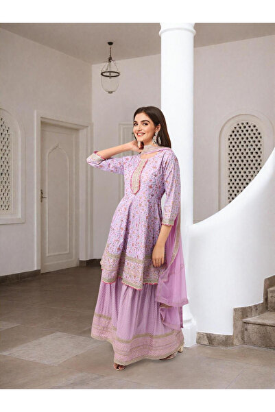Ishin By Styli Floral Print Cotton Kurta with Trousers and Dupatta Set