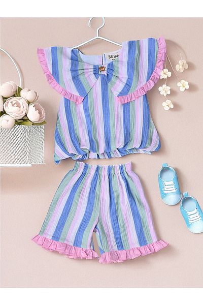 Bella Moda By Styli Striped Ruffled Detail Sleeveless Top and Shorts Set