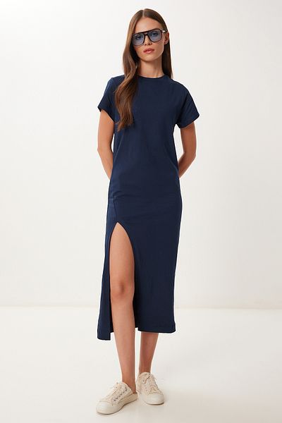 Lovelyİstanbul Slit Flexible Knitted Midi Dress Dark Blue Lub0123