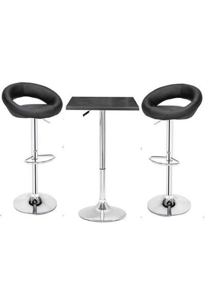 AWF AL WADI FURNITURE Nivo 3 Piece Adjustable Square Mdf Wood Bar Table Set With 2 Pu Leather Round Bar Chairs, Black