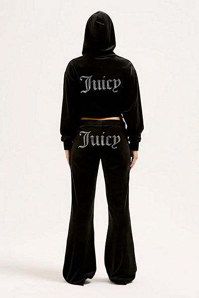 3 ROPE Women's Velvet Juicy Rhinestone Stone Printed Tracksuit Bottom Top Suit Black