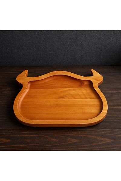 AR&MA WOOD Natural Wooden Steak Serving Plate with Bull Horns