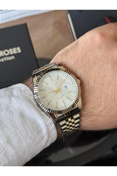 RoseandRoses Brutus New Season Men's Wrist Watch with Calendar Gold-Silver (White Dial)