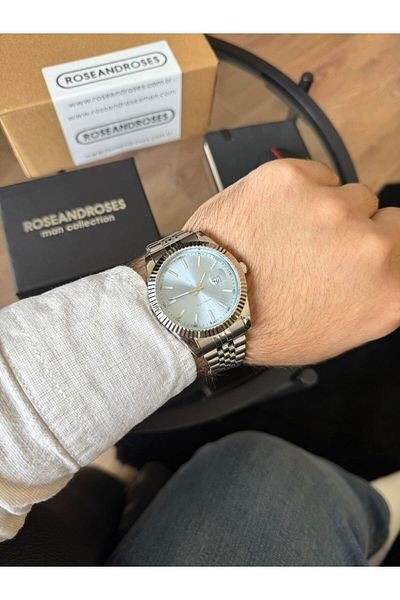 RoseandRoses Ronan New Season Men's Wrist Watch with Calendar Silver (Light Blue Dial)