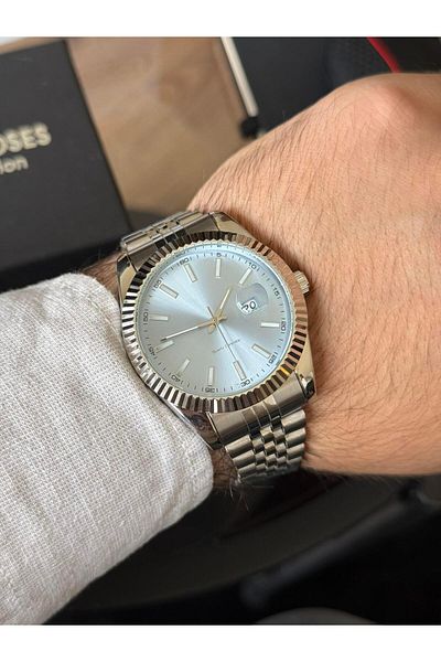 RoseandRoses Ronan New Season Men's Wrist Watch with Calendar Silver (Light Blue Dial)