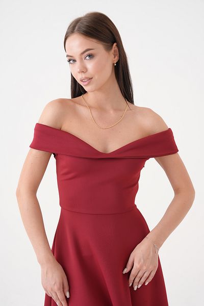 vuvutasarım Stretchy Diver Fabric Strapless Neckline Midi Length Flared Cutout Dress Burgundy Dress 77128