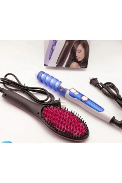 FOXMAG24 electric curling iron and brush set, for curls and straightening hair, 2 pieces