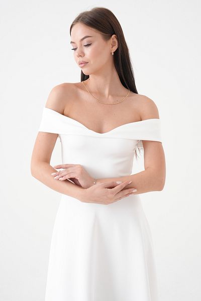 vuvutasarım Stretchy Diver Fabric Strapless Neckline Midi Length Flared Cutout Dress White Dress 77128