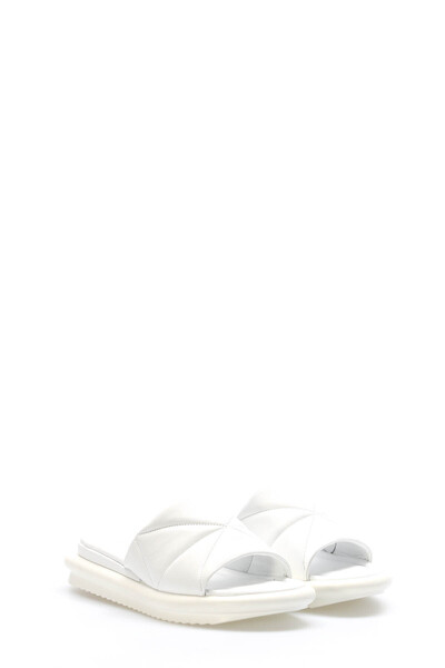 TUGERDİ Tugerdi White Inside and Outside Genuine Leather Thermo Sole Quality Flat Women's Slippers Tg092272611511014