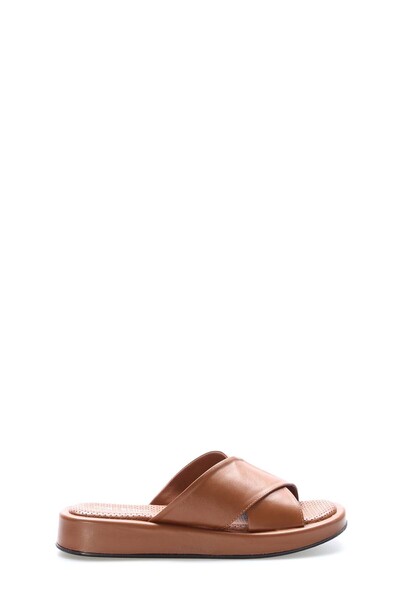 TUGERDİ Tugerdi Tan Inside and Outside Genuine Leather Light Sole Quality Flat Women's Slippers Tg097102611110